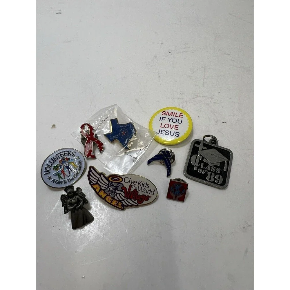 Lot of 9 collectible pinswith backs Children Texas Class Of 89 Angel Volunteers